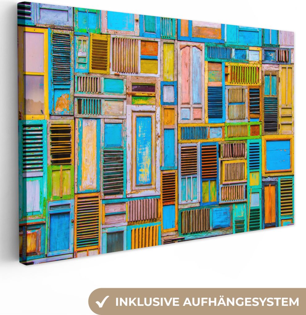 OneMillionCanvasses - Leinwandbilder - 150x100 cm, Türen - Blau - Abstrakt - Architektur - Neon, Wandbilder Kunstdruck Wanddekoration - Foto auf...