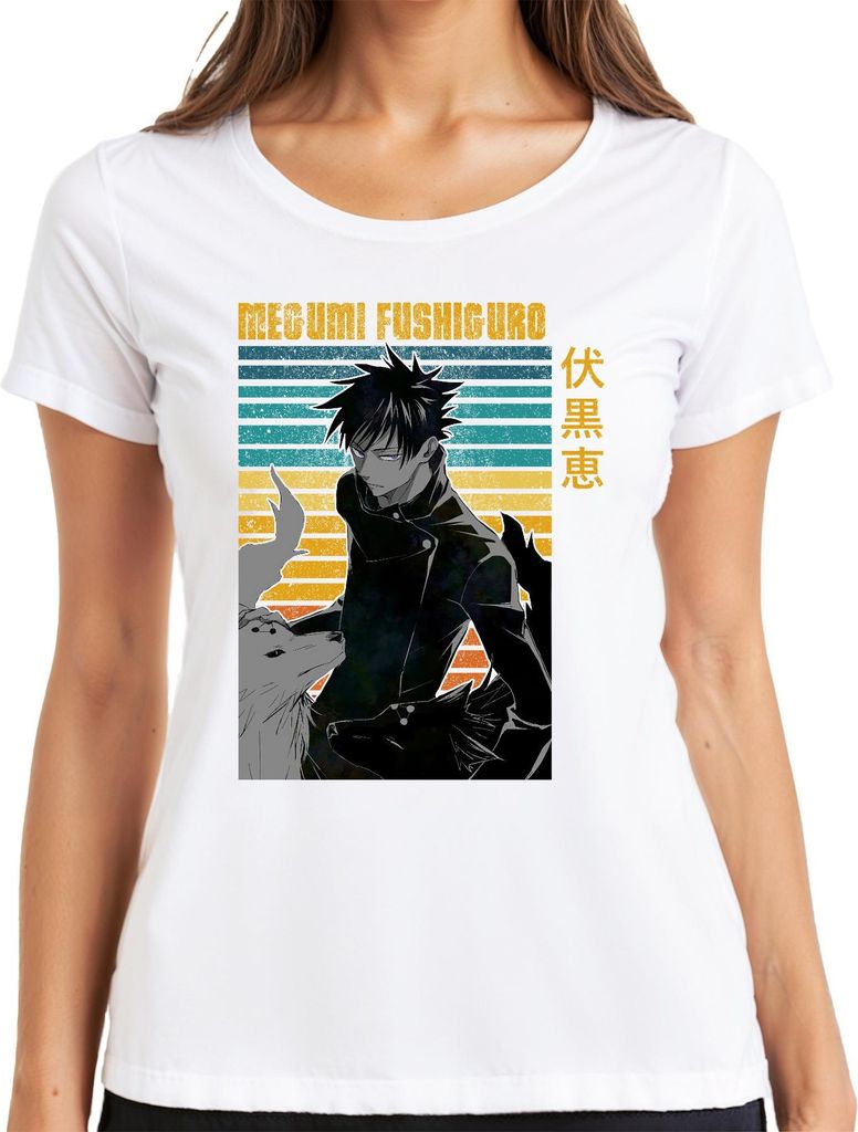 Megumi Fushiguro Jujutsu Kaisen Shikigami Geisterhunde Vintage Damen T-Shirt, Weiß, XL