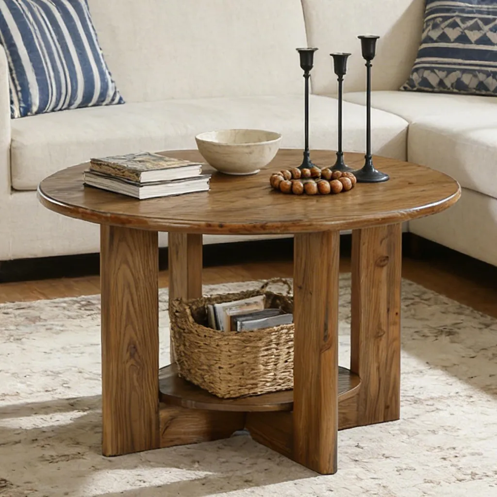 Petite table basse ronde en bois massif, meuble salon 2 étagères brun