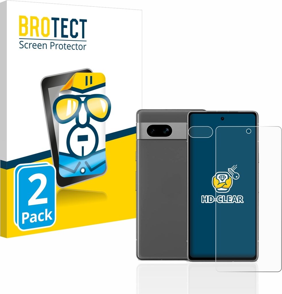 A product shot of screen protectors for a Google Pixel 7a, along with its packaging.