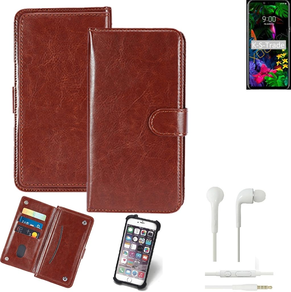 K-S-Trade 360° Hülle kompatibel mit LG Electronics G8 ThinQ inkl. Headphones braun Kunstleder Case BookCase WalletCase Kunstlederederhülle