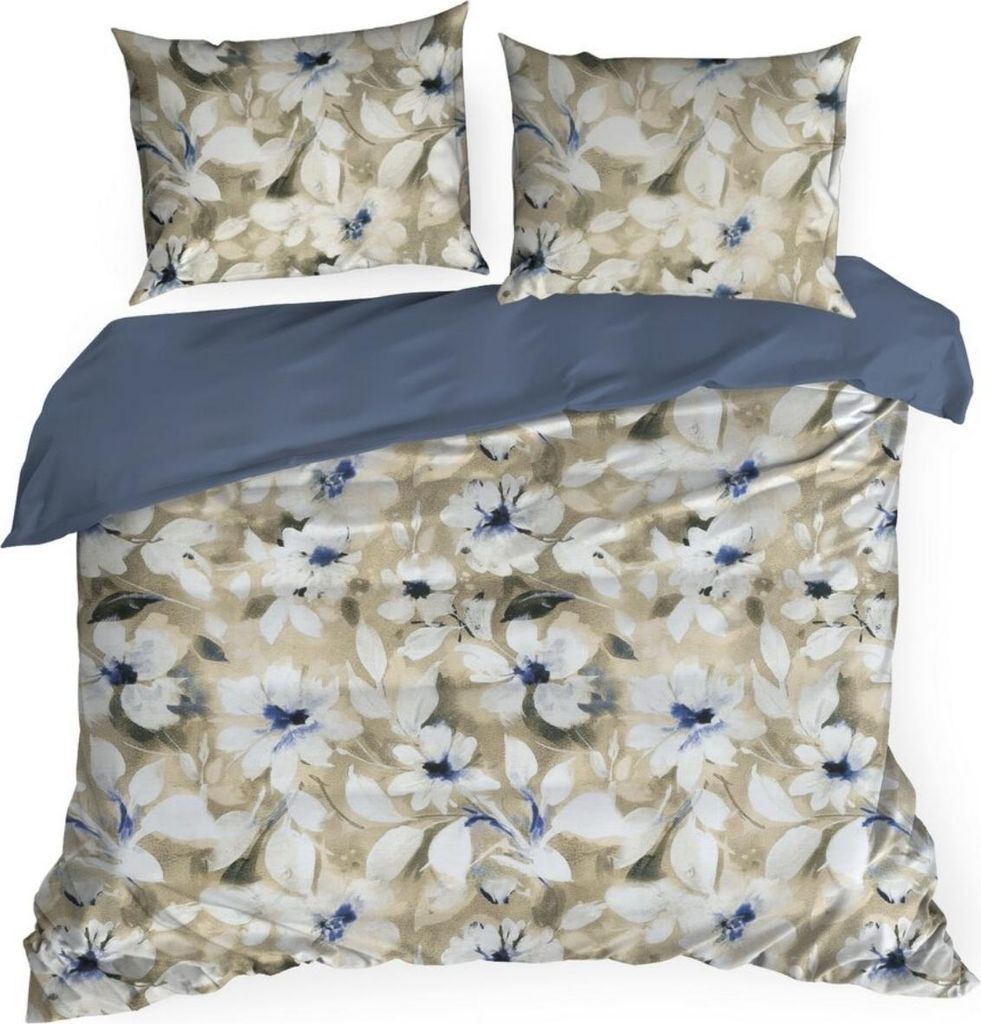 EUROFIRANY | Bettbezug Set - Bettwäsche - aus Baumwolle - 220x200cm - Bettgarnitur - beige blau - geblümt