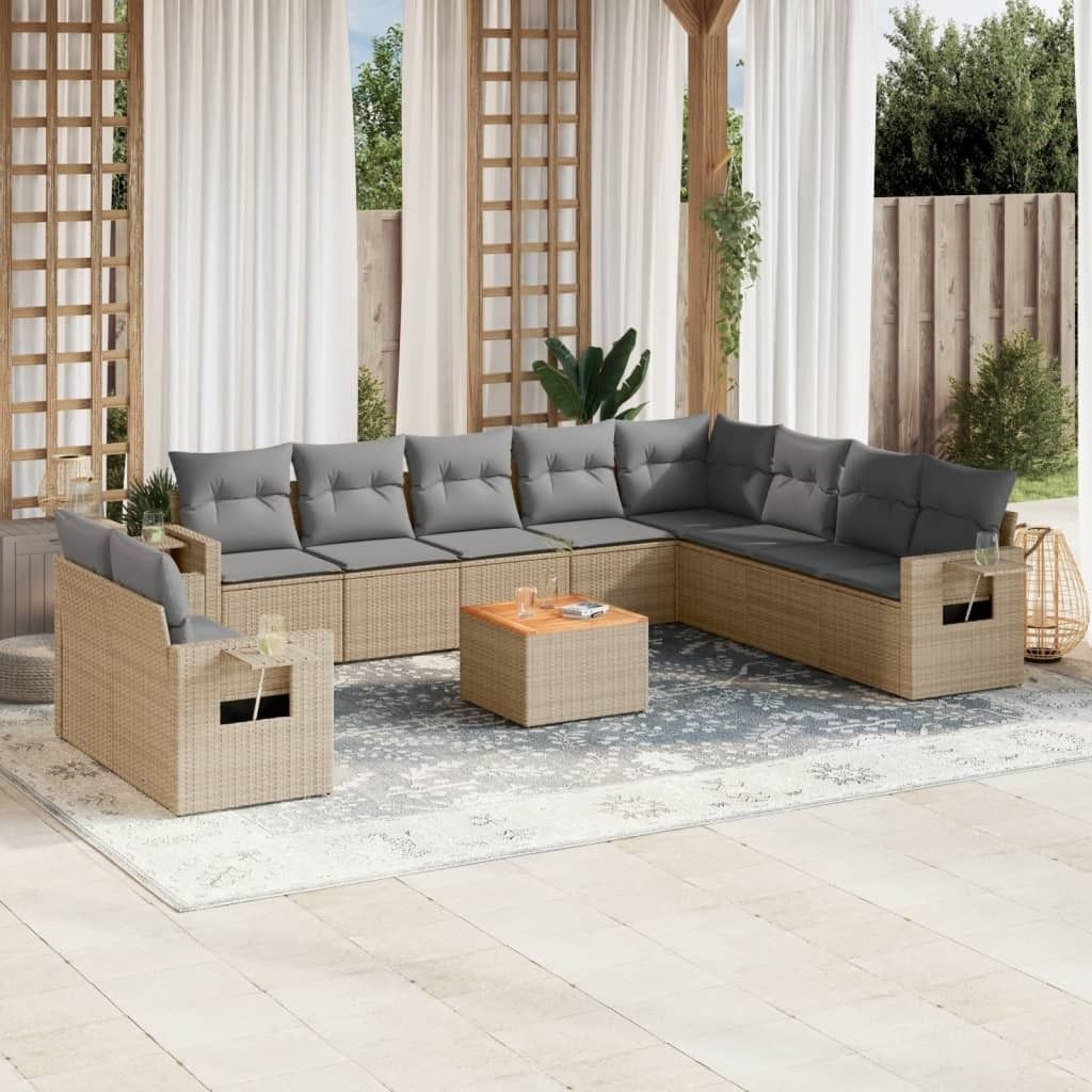 11-tlg. Garten-Sofagarnitur mit Kissen Beige Poly Rattan 3256969