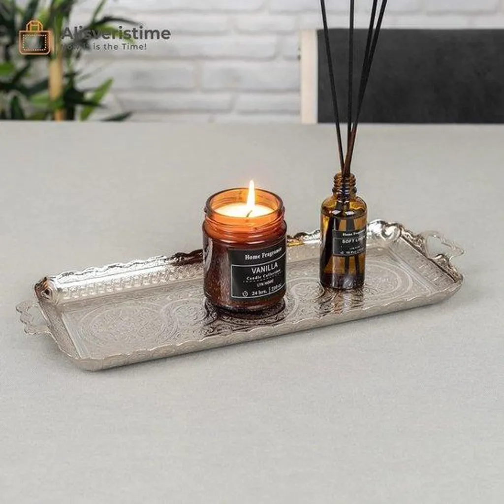 Plateau de service argenté style oriental 33 cm pour thé et boissons