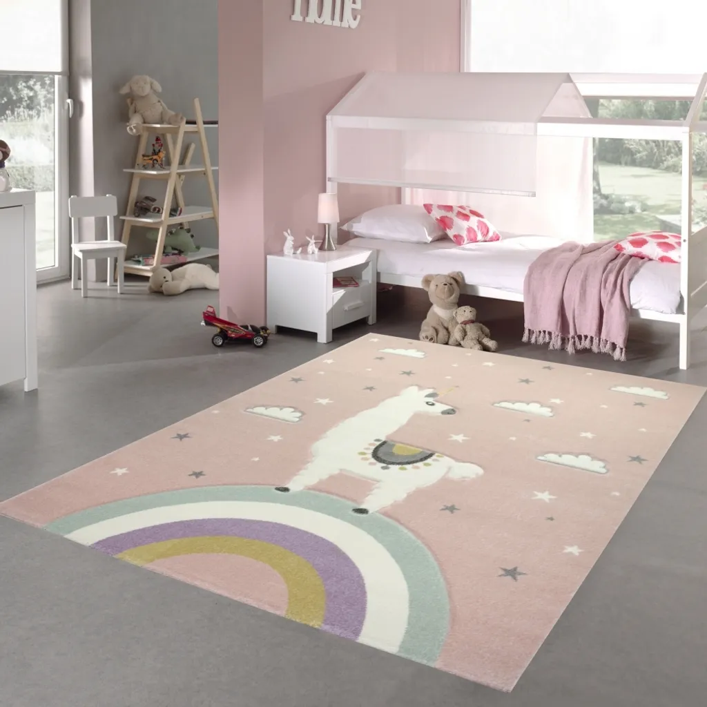 Tapis de chambre fille Lama Licorne rose 200x290 pour espace de jeu
