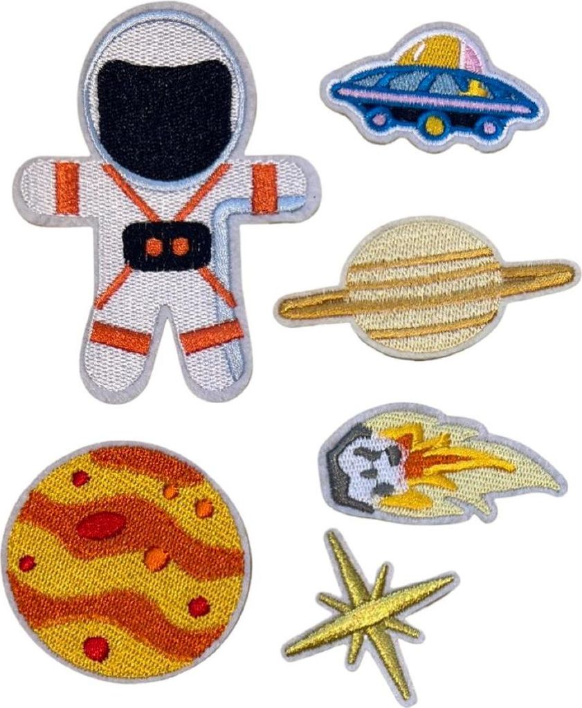 6-teiliges Aufnäher-Set zum Aufbügeln, Rakete, Planet, UFO, Astronaut, Stern, Raumfahrt