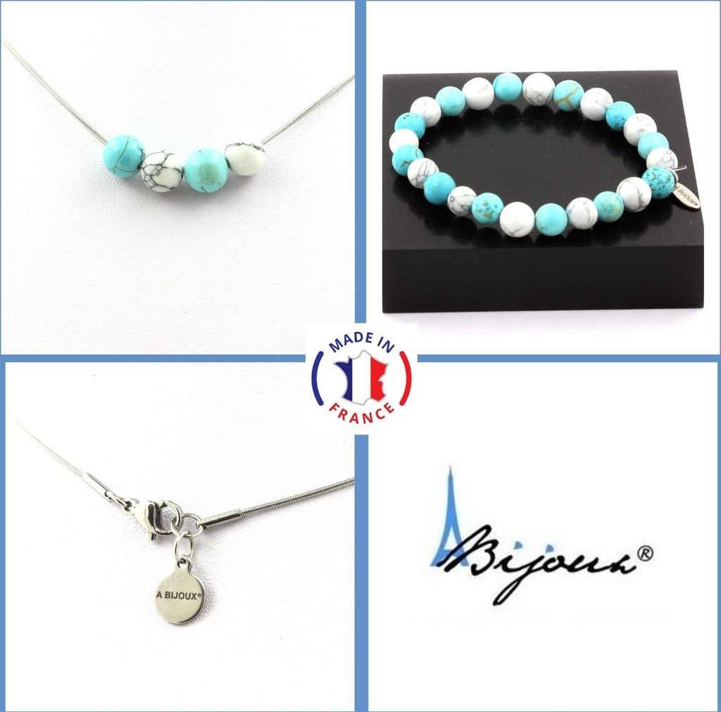 Schmuckset Armband Halskette Türkis + Howlithperlen 8 mm Edelstahlkette