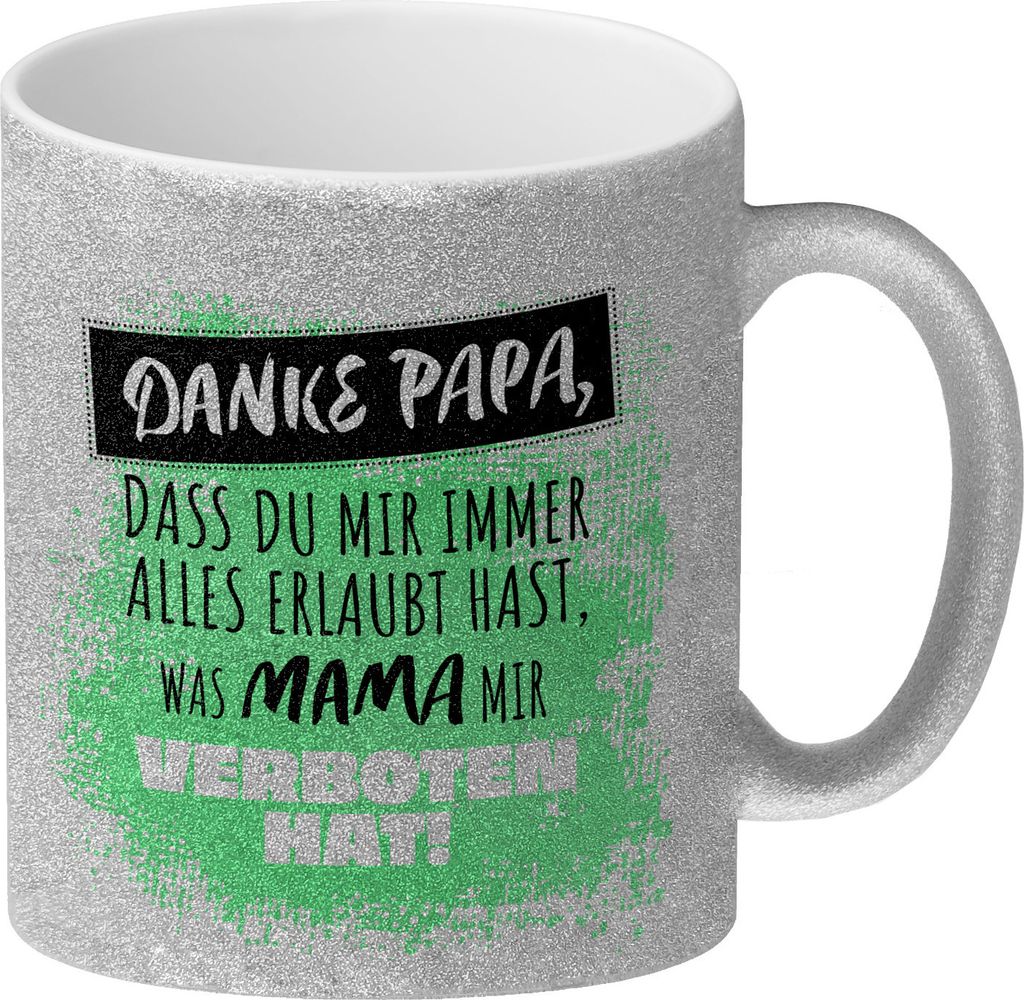 Danke Papa, ... Glitzer-Kaffeebecher in grün mit Spruch für den Vatertag