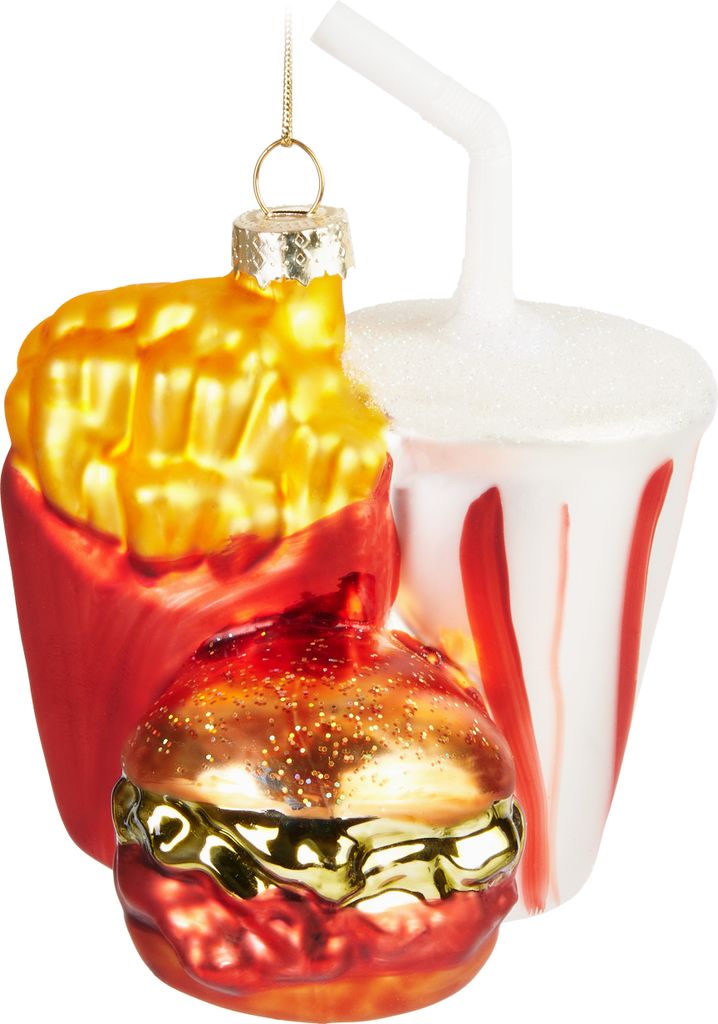 BRUBAKER Fast Food Menü Weihnachtskugel aus Glas - Burger Pommes und Soft Drink - Christbaumschmuck Lustig - Handbemalt - Figuren Weihnachtsdeko