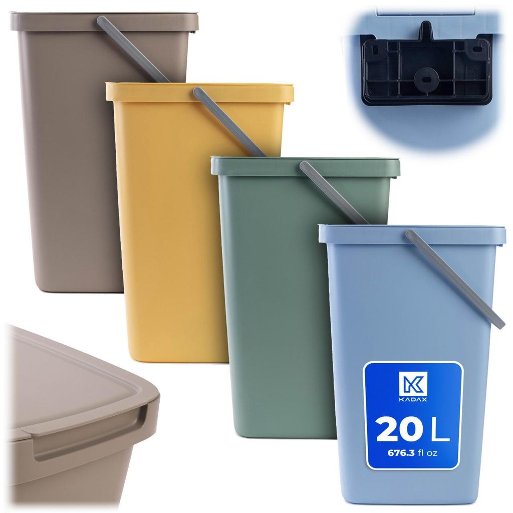 KADAX Abfallbehälter 20L, 4er Set, mit Deckel und Griff, Abfalleimer aus Plastik, Mülleimer, Abfallsammler (Braun, Grün, Gelb, Blau)