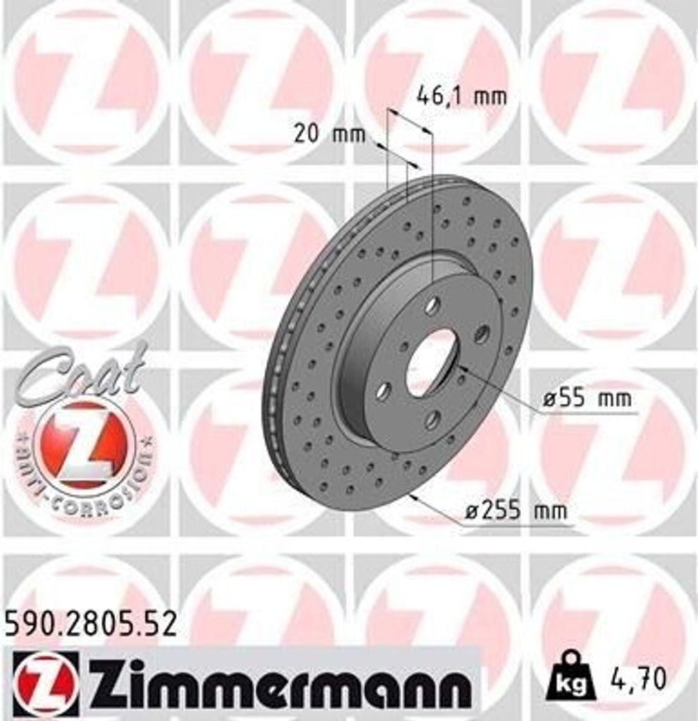 2x ZIMMERMANN Bremsscheibe 590.2805.52 für TOYOTA iQ (_J1_) 46mm 4 7kg 255mm
