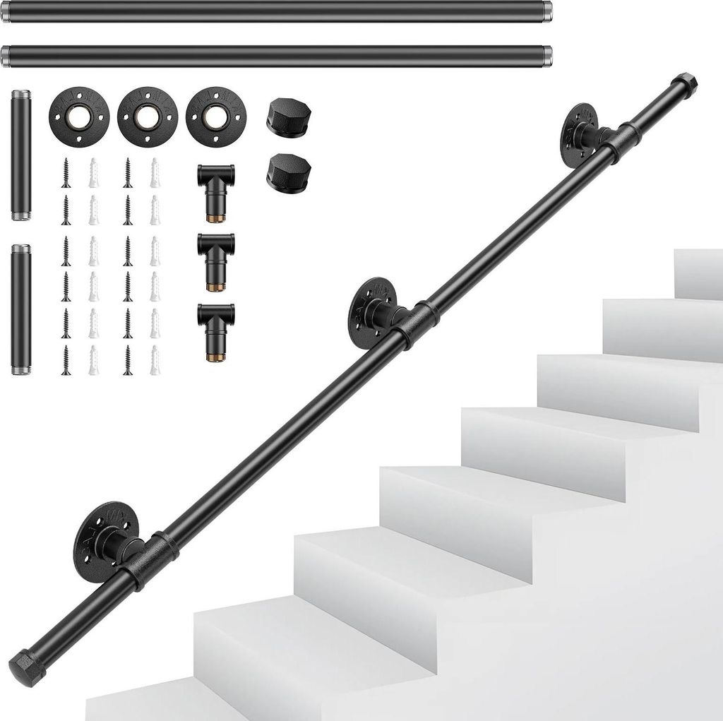 Treppenhandlauf - Wandmontierter Handlauf - Gusseisen - Gesamtlänge 120 cm - 2-teilig - Industrie-Rohrdesign - Rutschfest - Für Senioren