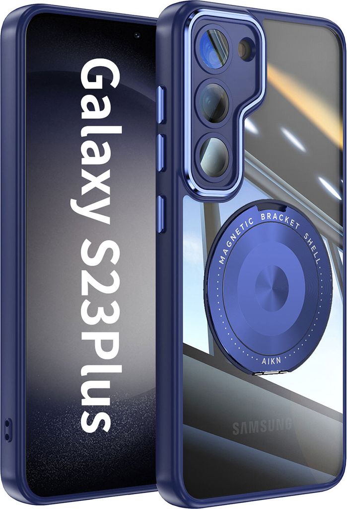 Handyhülle für Samsung Galaxy S23+ Transparent Militärschutz mit Magnetring Ständer und Kameraabdeckung Blau