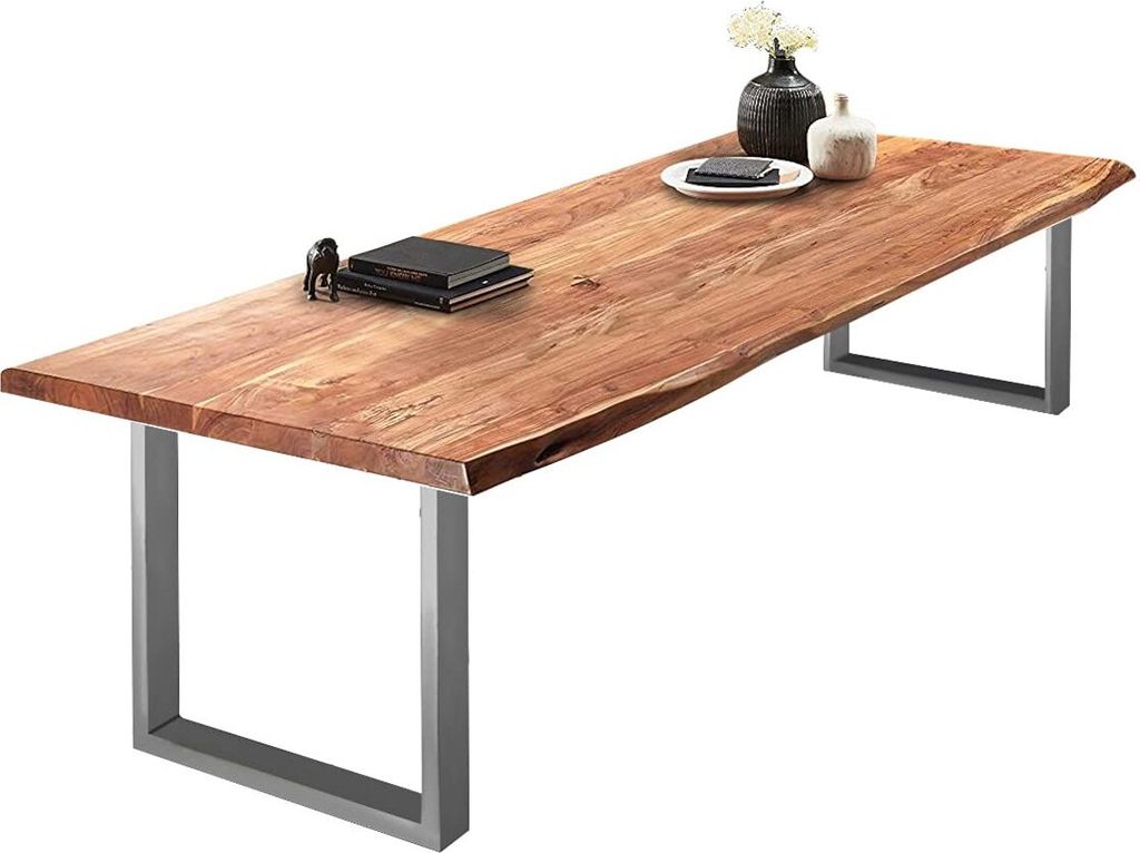 Esszimmertisch 200x110 cm Valin, Akazienholz naturfarben & massiv, Baumkantentisch mit U -Gestell aus Metall Silber, echte Baumkante, Platte 50mm
