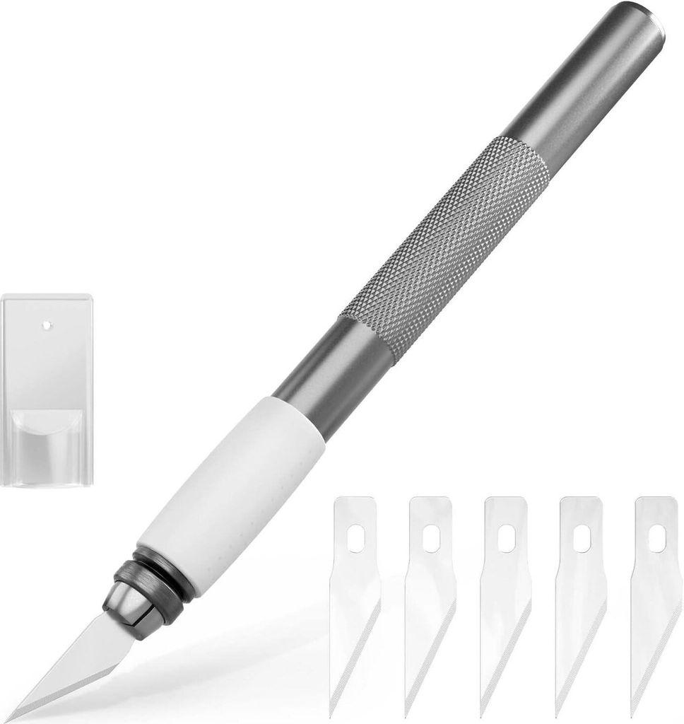 Skalpell basteln - Mit 5 Ersatzklingen - Präzise, scharf und stabil - Sicherer Griff - Bastelmesser, Präzisionsmesser - Dunkles Aluminium - ACROPAQ
