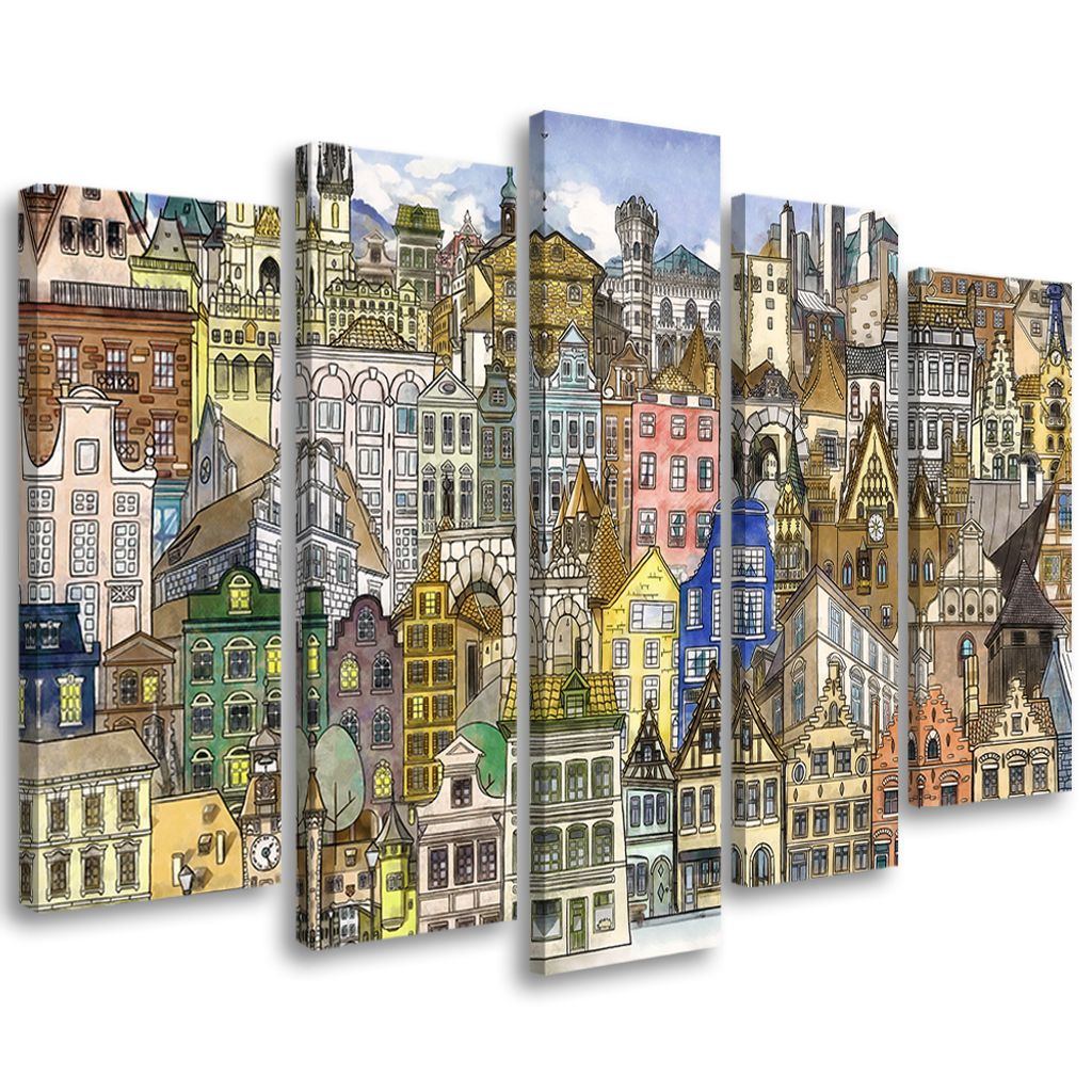 5-teiliges leinwandbild fröhliche stadt 200x100 cm Feeby farbe wandbild bereit zum aufhängen