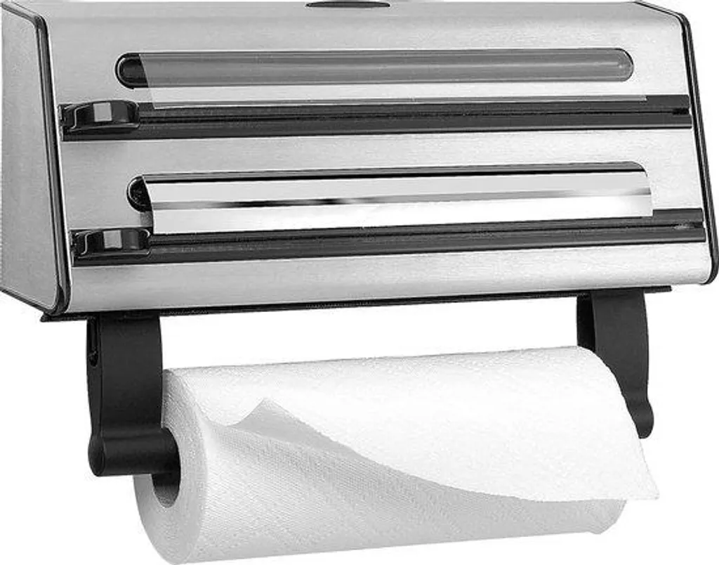 Distributeur triple lame film alimentaire et essuie-tout inox argent
