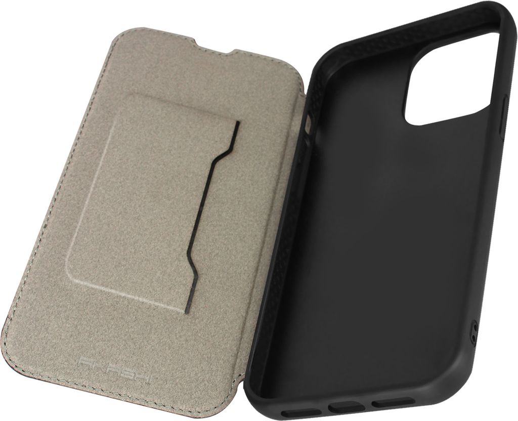 Akashi, Akashi Lederetui mit Fach und Standfunktion für Apple iPhone 13, Schwarz