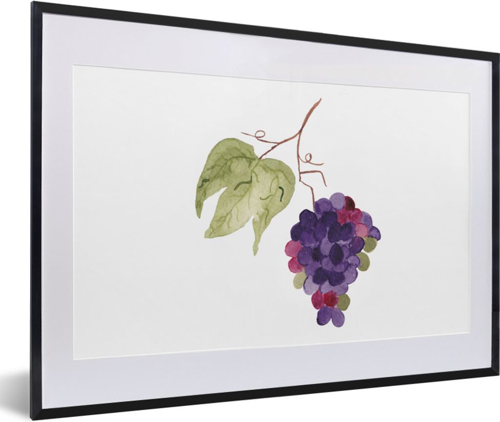 MuchoWow Gerahmtes Poster Weintrauben - Blätter - Aquarell 60x40 cm - Poster mit Schwarzem Bilderrahmen Wandposter Rahmen Foto Bilder - Schlafzi...