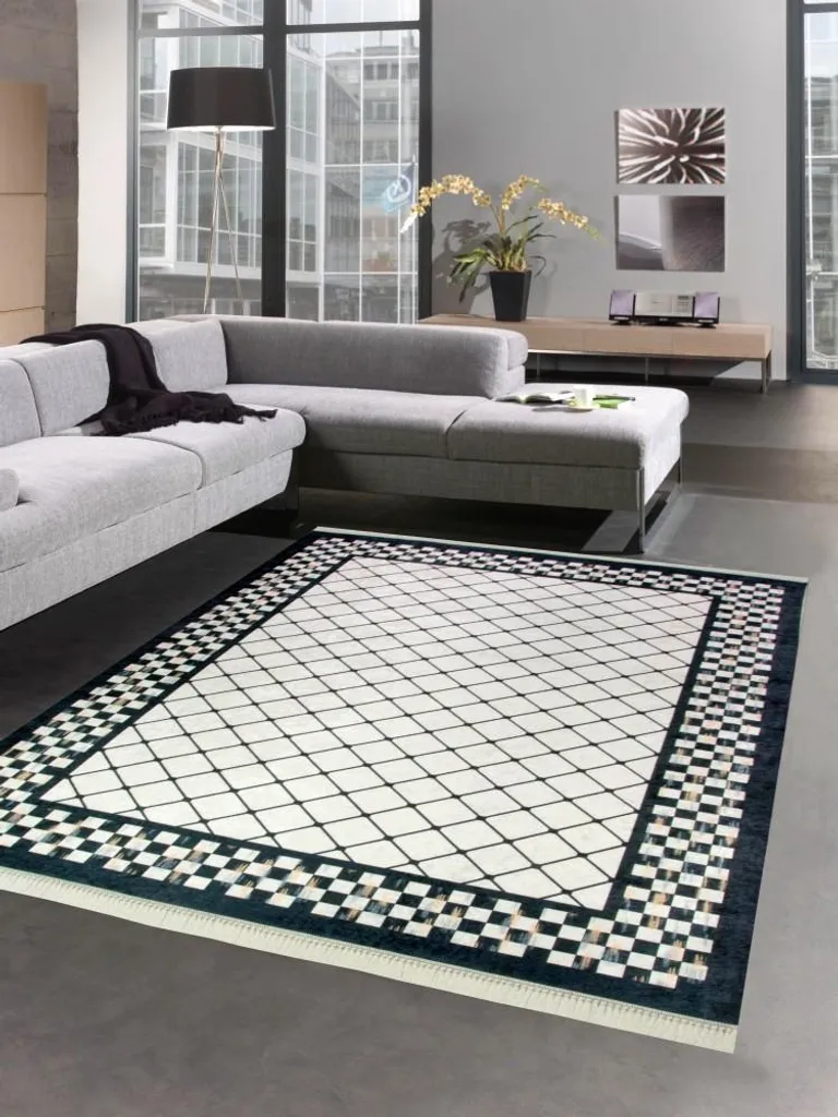 Tapis de salon géométrique à carreaux noir lavable en machine 120x160