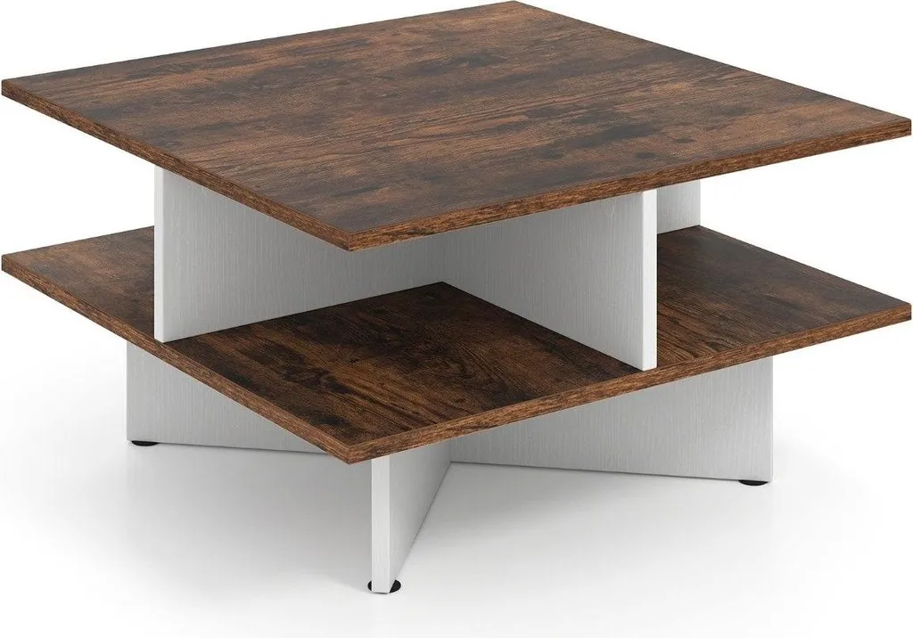 Table de Salon Carrée en Bois Brun Rustique et Rangement Intégré