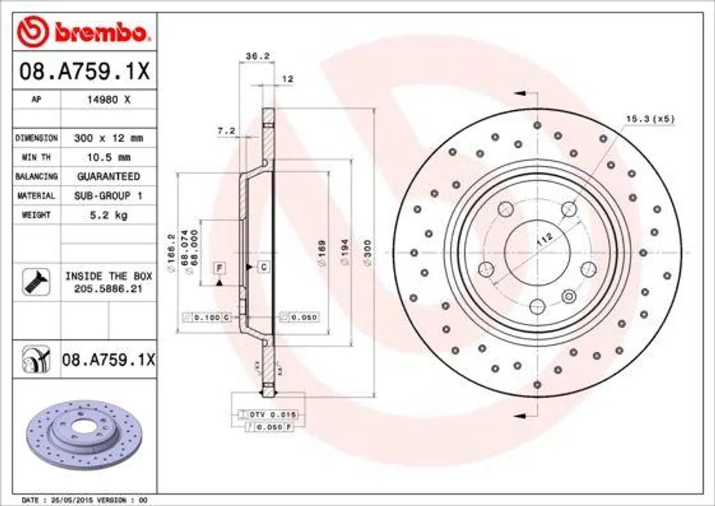 Brembo 08.A759.1X Disque de Frein Xtra pour Audi A4 A5 A6 A7 Q5