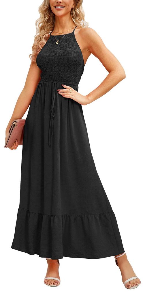 ärmelloses, gerafftes langes Kleid mit Gürtel, rückenfreiem Rüschenrock und Spaghettiträgern für Damen, Schwarz, Größe M