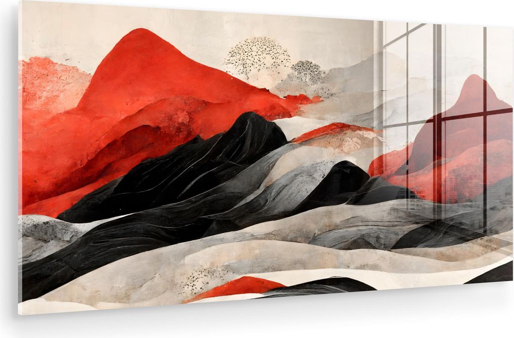 MuchoWow Glasbilder - Bilder auf Wandbild - Foto auf Glas Kunst - Berge - Rot - Weiß - Schwarz 80x40 cm Wanddekoration aus Glas - Acrylglasbild - ...