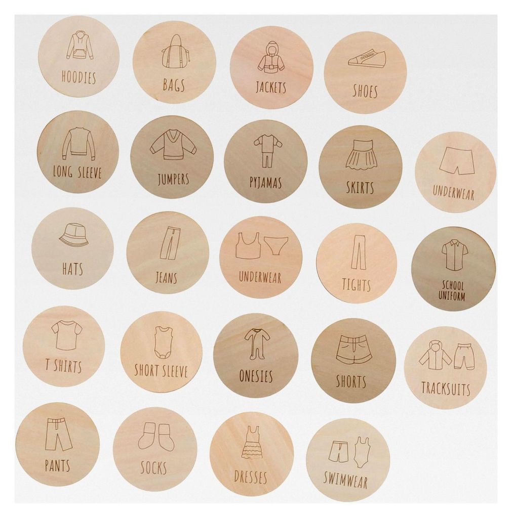23-teiliges Set aus Holz-Kleiderlabels, wiederverwendbare, wasserfeste Namensetiketten für Kinderbekleidung, Aufbewahrung und Schrankbeschriftung ...