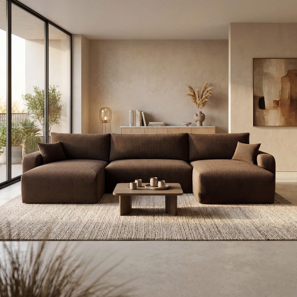 Wohnero24 Habana U XL Ecksofa 381x153 cm mit Schlaffunktion 337x133 cm – XXL Wohnlandschaft U-Form – Sofa U 380 cm mit Bettkasten – Cord Couc...