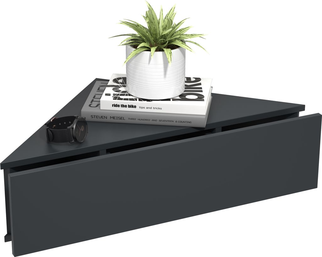 A dark gray triangular wall-mounted shelf with a plant in a white pot and two books on top.