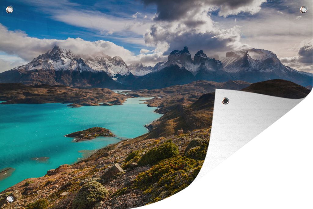 MuchoWow 60x40 cm Outdoor-Poster Gartendeko Sichtschutz Garten Poster für den Garten Blick auf den See und die Berge des Nationalparks Patagonien