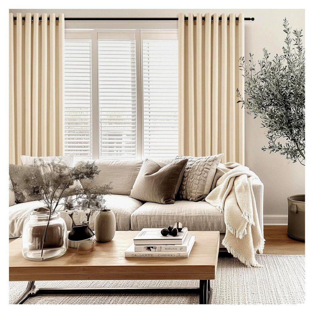 Beige Vorhänge in Leinenoptik für das Wohnzimmer, halbtransparent mit Ösen, 140x225cm, 2er Set für Schlafzimmer, Balkontür und Kinderzimmer