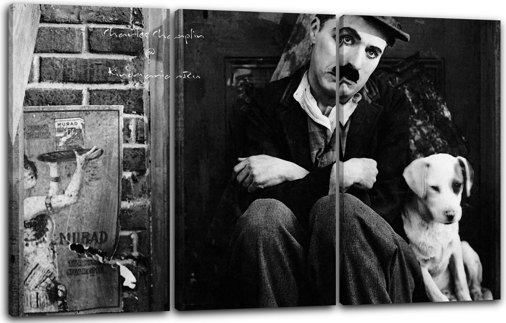 Leinwandbild 3-teilig (120x80cm): Charlie Chaplin mit weißem Hund auf Stufen vor Mauer-Haus, echter Holz-Keilrahmen inkl. Aufhänger, handgefertig...