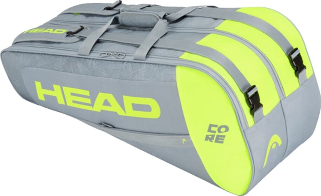 A gray and neon yellow HEAD tennis bag is shown against a white background.