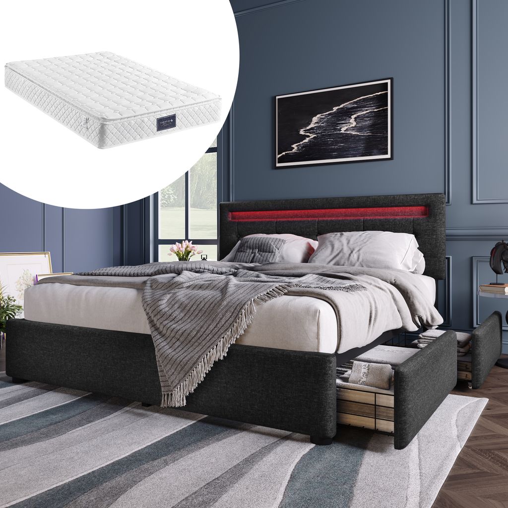 Sweiko Polsterbett Bettrahmen mit LED-Beleuchtung und 4 Schubladen Höhenverstellbares Kopfteil Massivholz-Lattenrost Einzelbett 140x200cm Schwarz ...