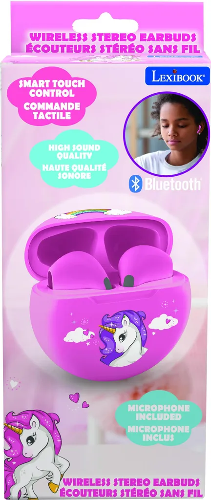 Oreillettes Bluetooth Licorne pour filles avec boîtier de rangement rose