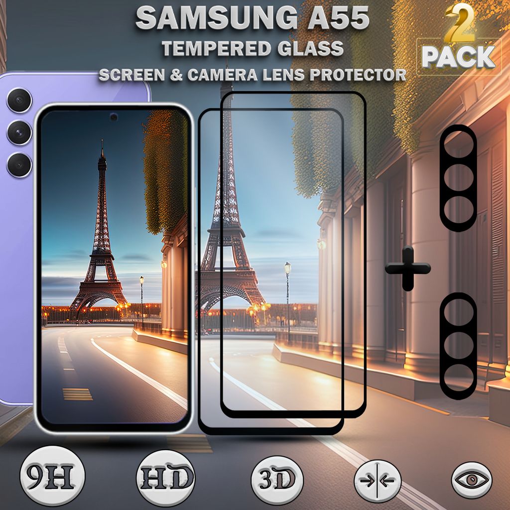 2-Pack SAMSUNG A55 Displayschutzfolie und 2-Pack Objektivschutz aus 9H gehärtetem Glas