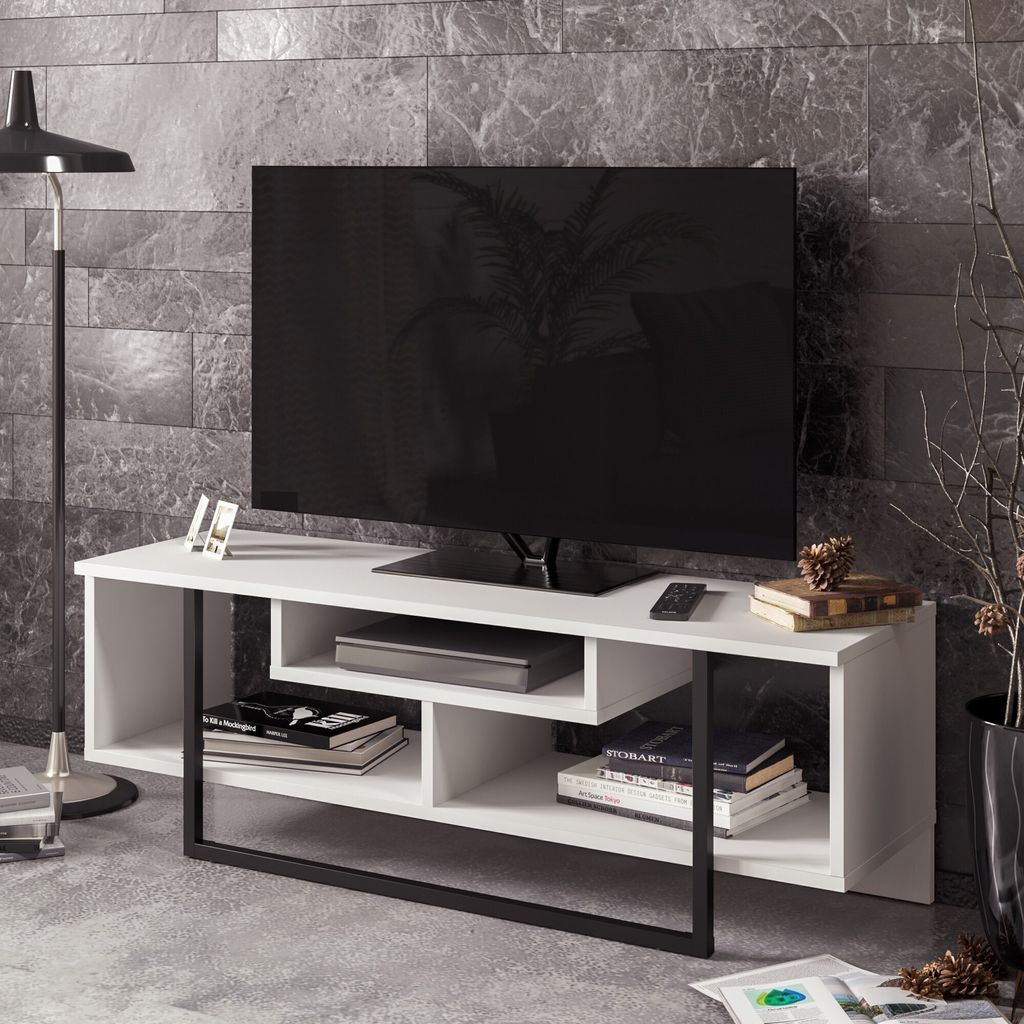 Skye Decor, Asal (120) - White, Black, Fernsehtisch, Weiß, 100 % MELAMINBESCHICHTETE SPANPLATTEN, 119,4 x 35,2 x 40,2 cm