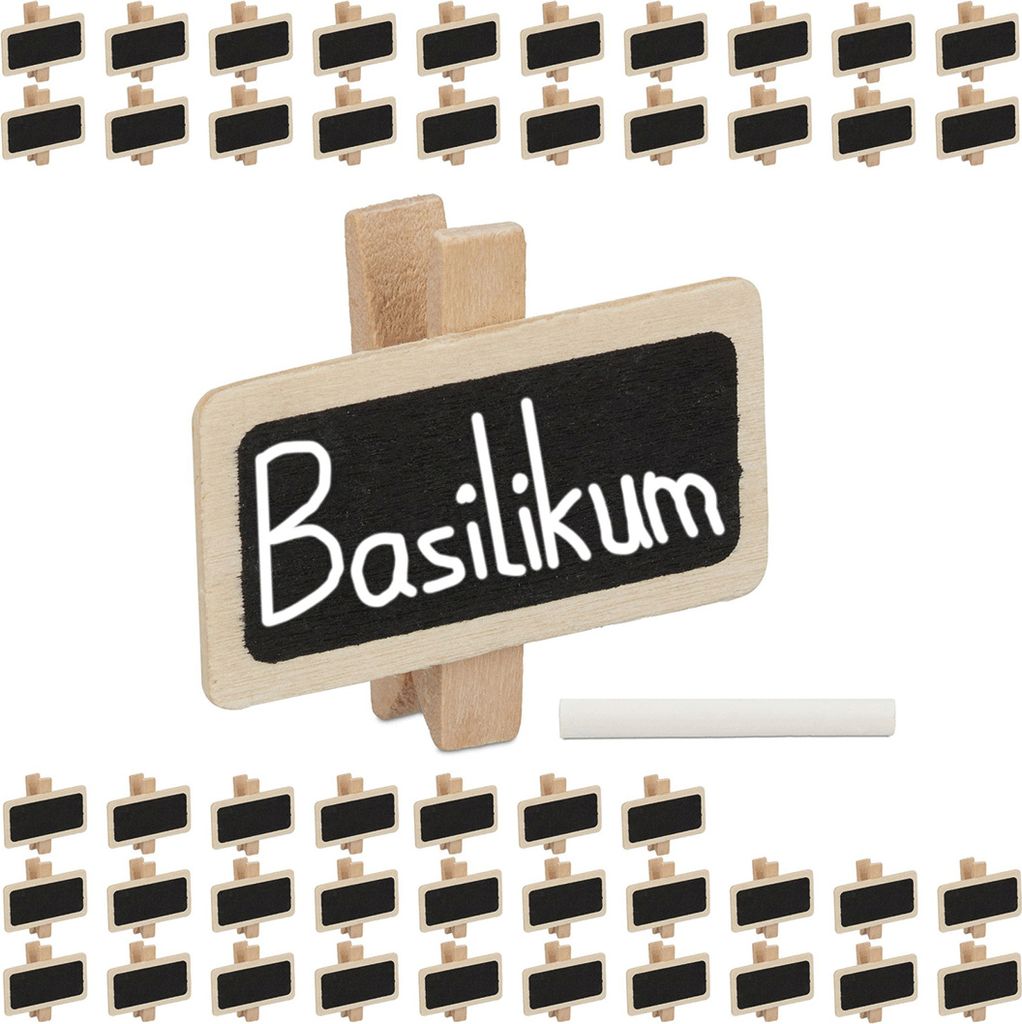 Relaxdays Tafelklammern 48 Stück, zum Beschriften, mit Kreide, Kräutergarten, Schild 4x2cm, Holz Pflanzenschilder, natur