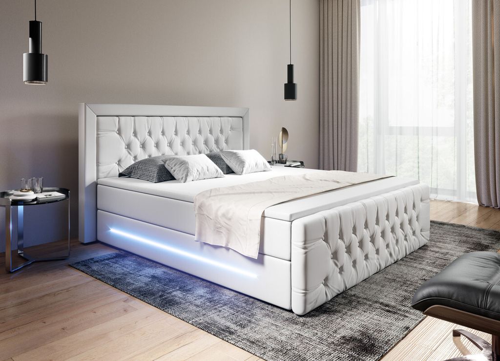 Moebelfest Boxspringbett 140x200 cm mit Blau LED-Beleuchtung: Polsterbett mit 2 Bettkästen, 2 Taschenfederkernmatratzen 7 Zonen, Topper sowie Kopf...