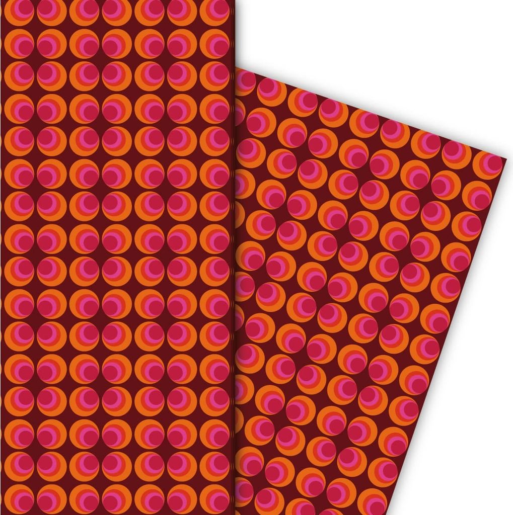 Schickes 70er Jahre Geschenkpapier mit Retro Kreis Muster in rosa braun - G7239, 32 x 48cm