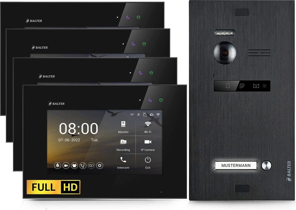 HD Video Türsprechanlage für 4 Familienhaus, 4x Monitor, Balter EVO HD Schwarz