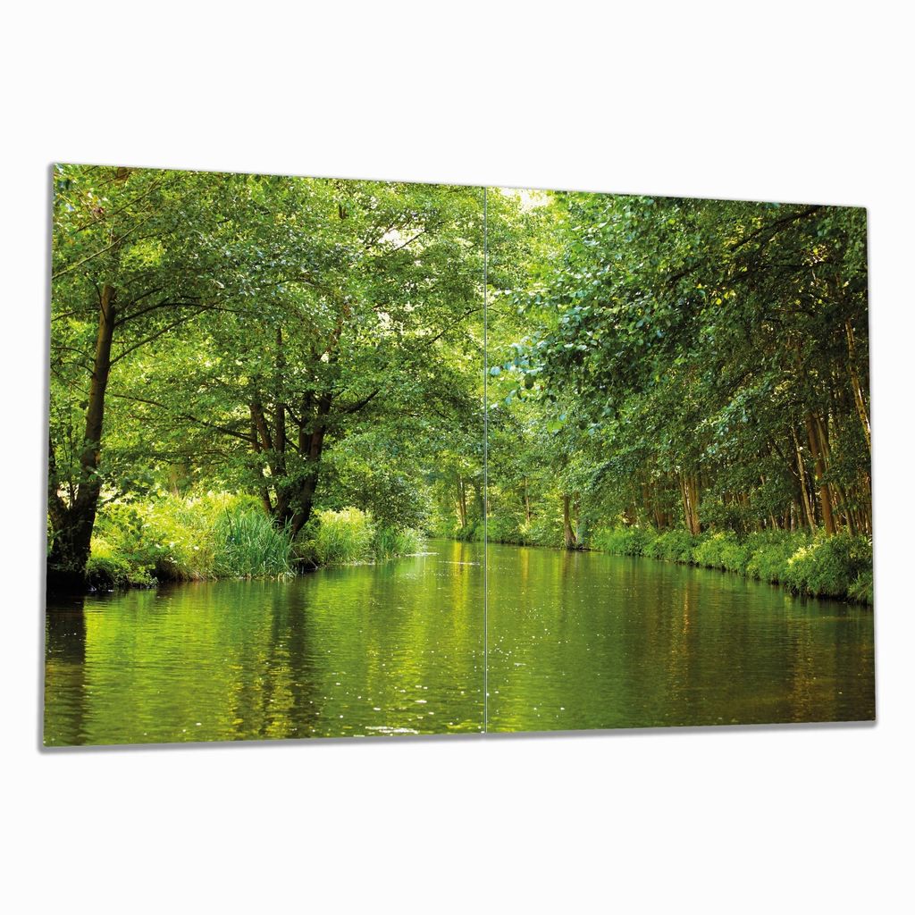Wallario Herdabdeckplatte aus Glas, Größe 80 x 52 cm 2-teilig, Motiv Spreewald in Brandenburg grüne Wälder und Spiegelungen im Wasser