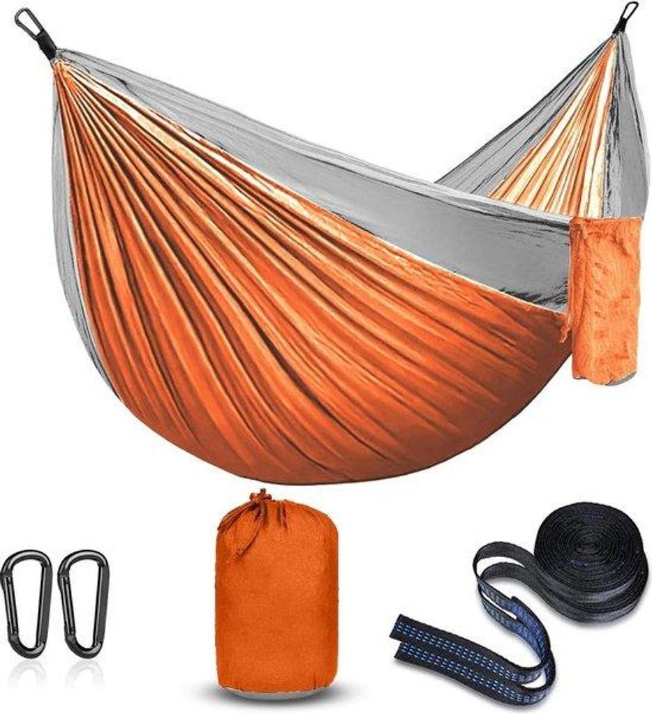 Outdoor-Hängematte für Zelt und Wanderung - tragbare Fallschirm-Hängematte in Orange/Grün aus Ultraleicht Nylon - ideal für Reisen, Camping, G...