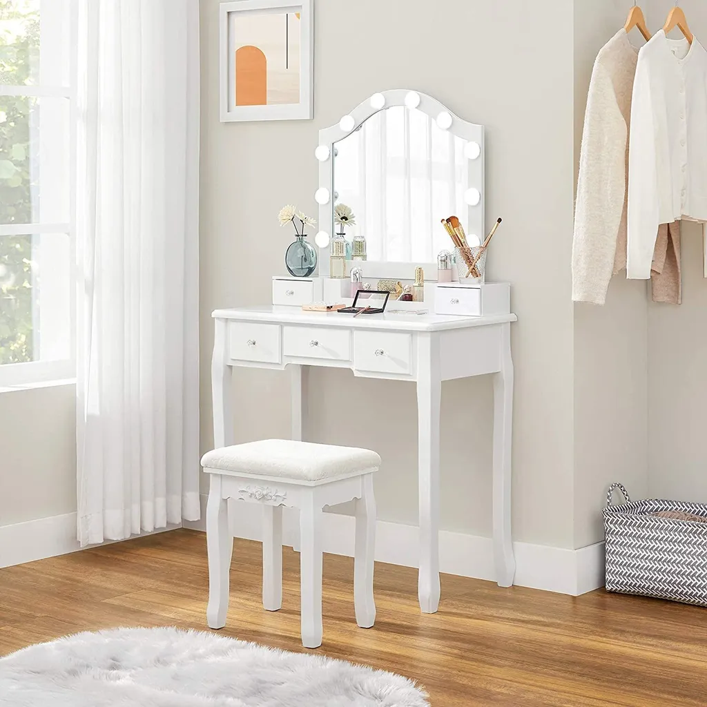 Table Coiffeuse Blanche avec Miroir et Tabouret pour Chambre ou Dressing