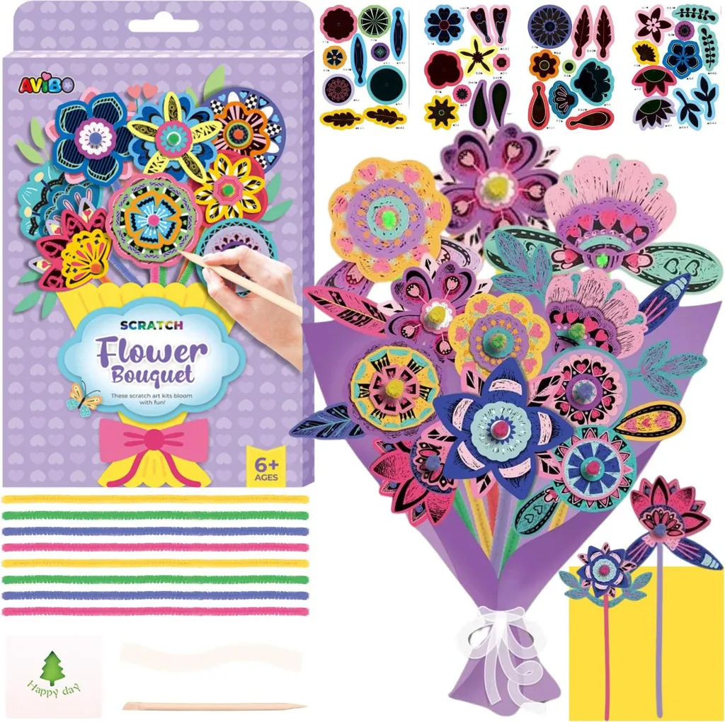 Kit Fleurs à Gratter pour Enfants Loisirs Créatifs Scratch Art 24 PCS