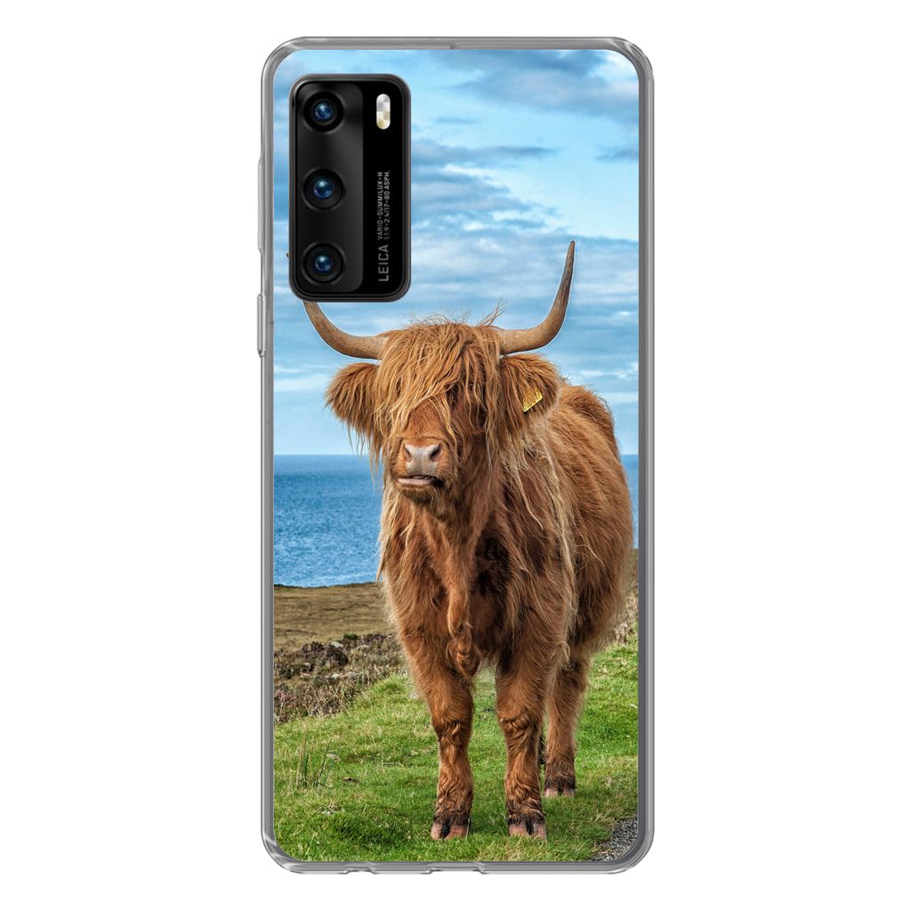 MuchoWow Handyhülle Schutzhülle Hülle für Huawei P40 Schottischer Highlander - Wasser - Hörner Silikon Softcase Handy Hülle - Handytasche