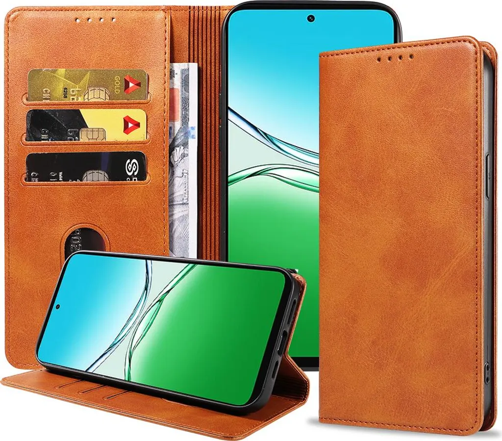 Oppo A5 Custodia a Portafoglio Marrone Chiusura Magnetica
