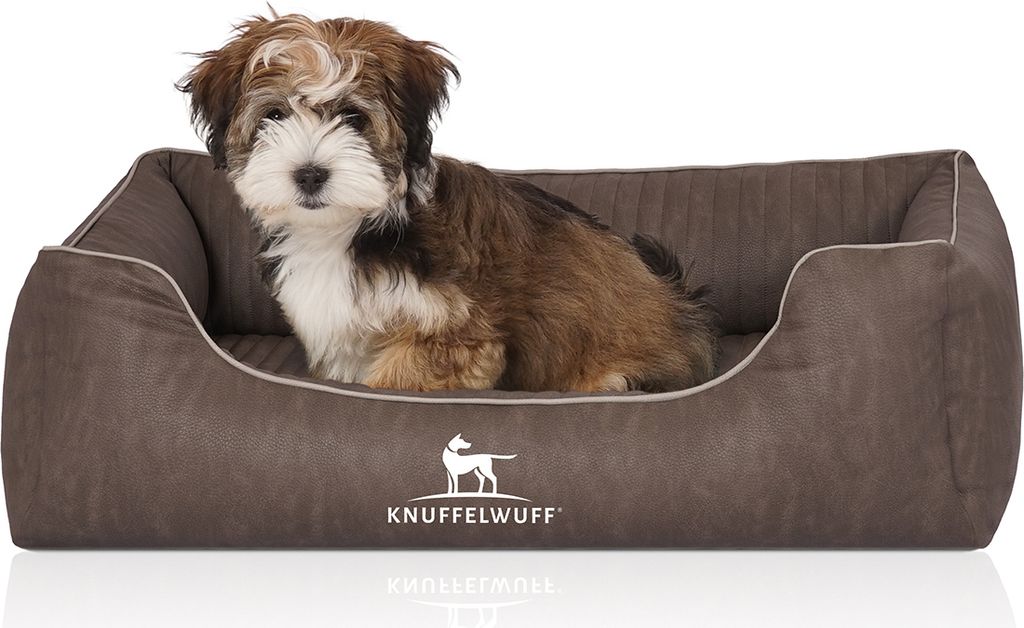 Knuffelwuff Orthopädisches Hundebett Tampa aus laser-gestepptem Kunstleder M-L 85 x 63cm Braungrau